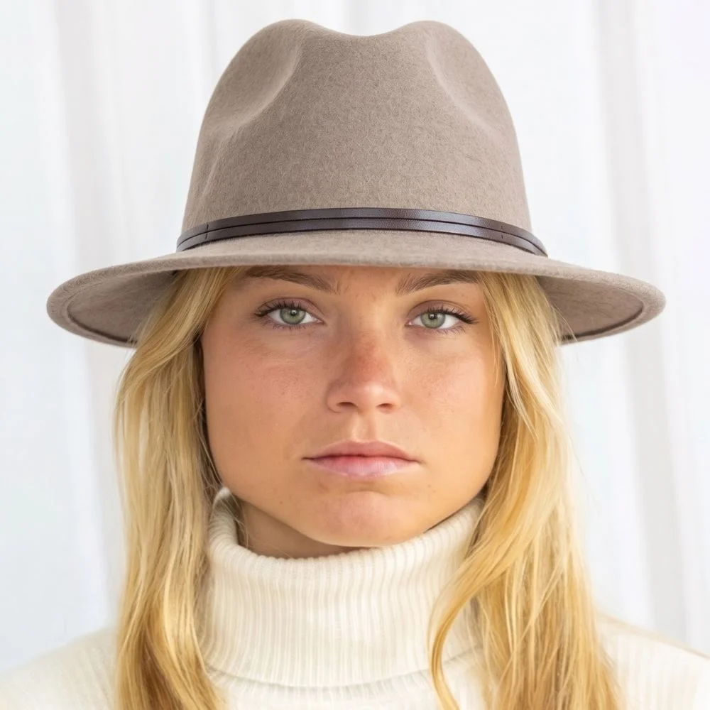 Felt fedora hat leather strop, stitched brim