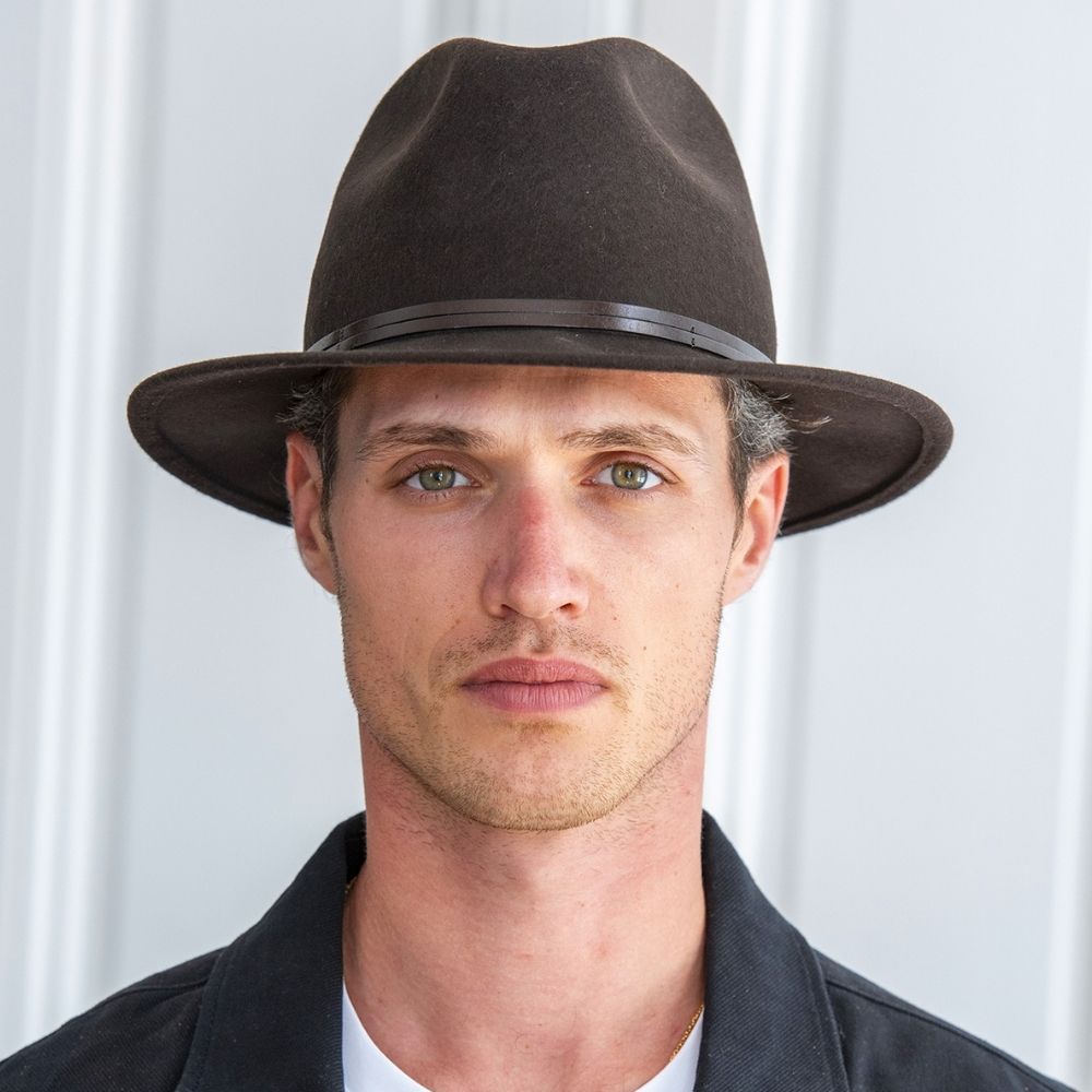 Felt fedora hat leather strop, stitched brim